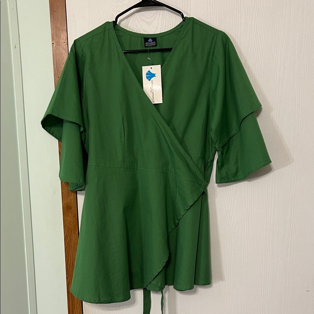 Green Wrap Top With Tiered Sleeves One Size Fits Most